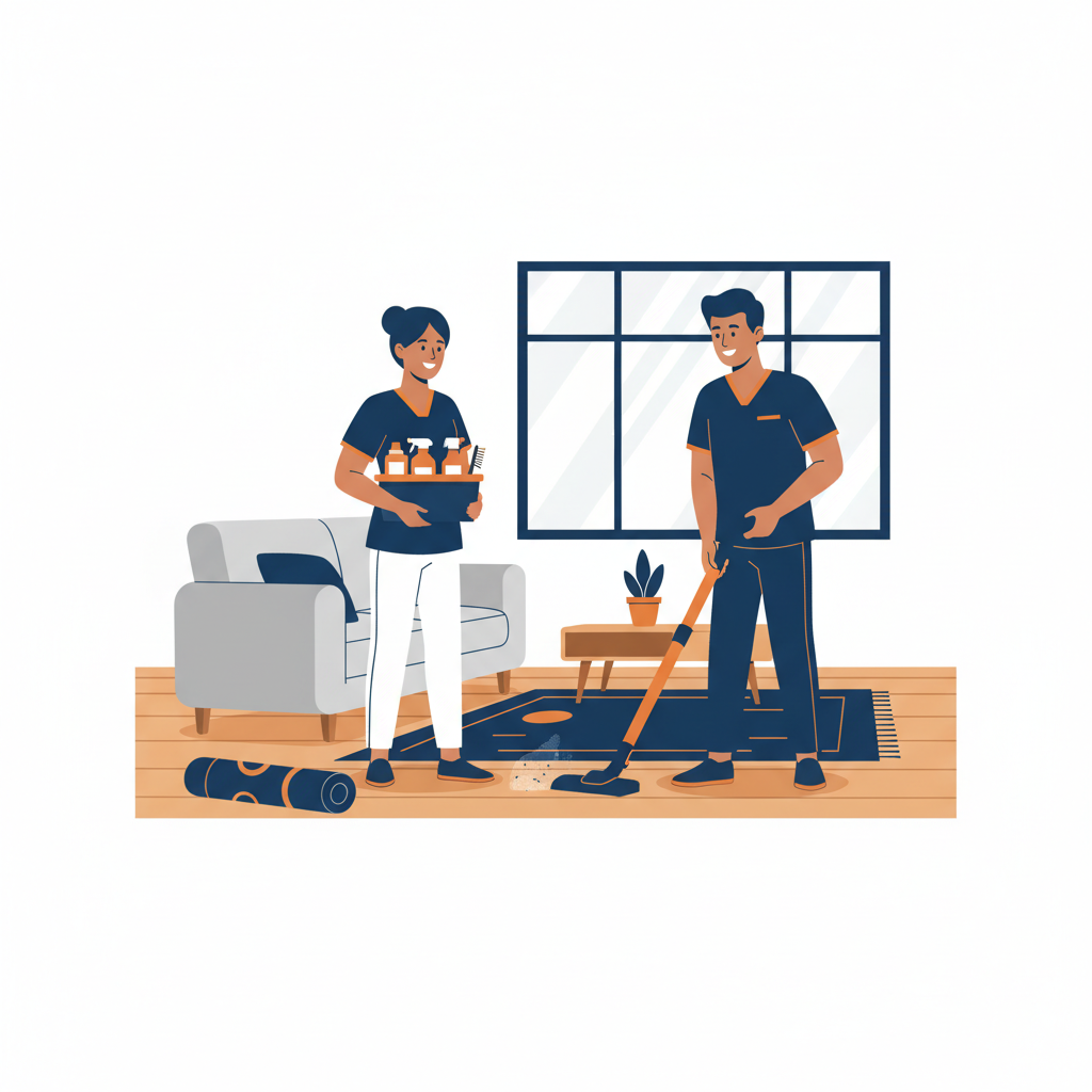 Two professional home cleaning service Melbourne team members vacuuming and wiping a tidy Melbourne lounge room
