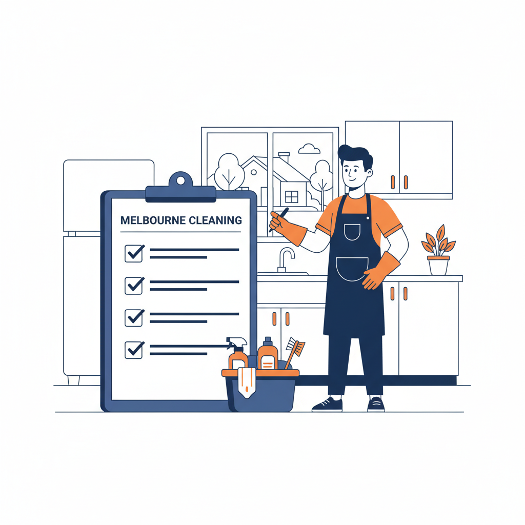 Melbourne cleaning service operator with clipboard and supplies in a Melbourne kitchen